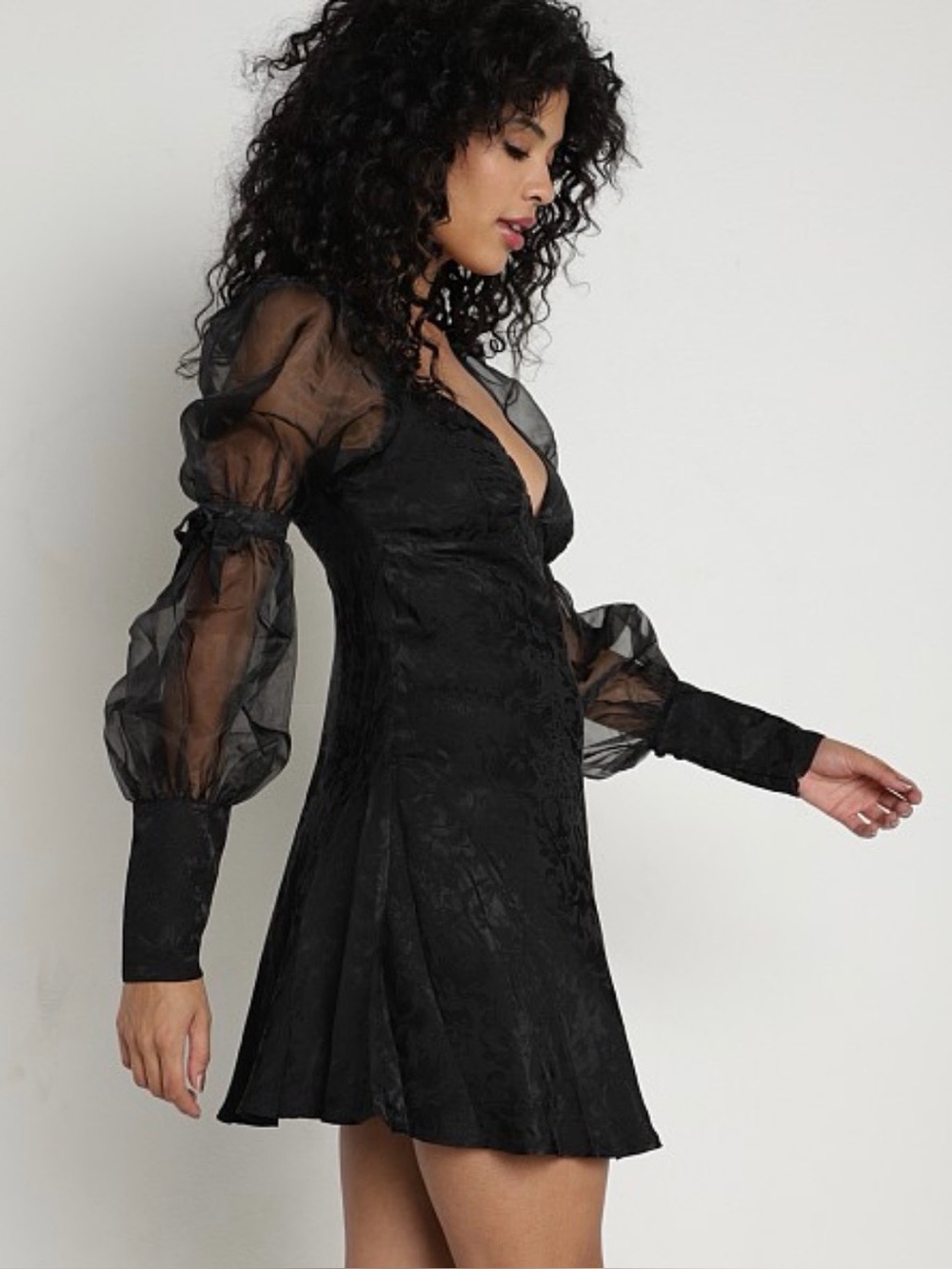 For Love & Lemons Gabrielle Puff-Sleeve Mini Dress (Black) — Size S. - Picture 1 of 15